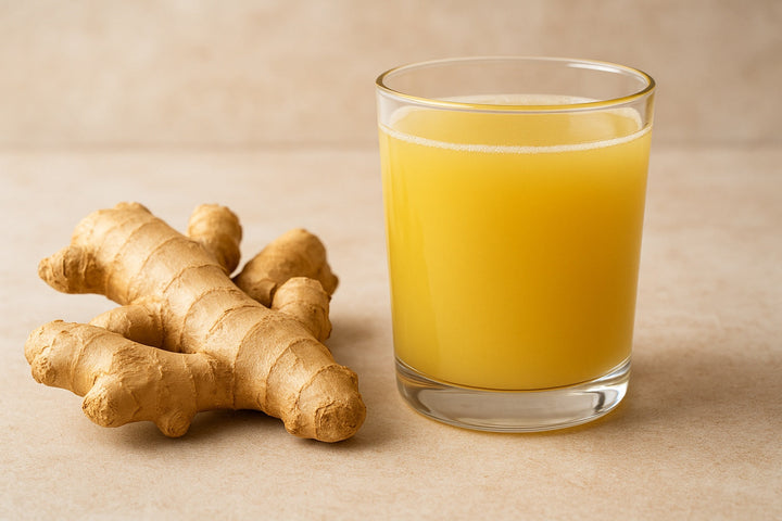 Ein Glas mit Ingwersaft steht neben einer Ingwerknolle