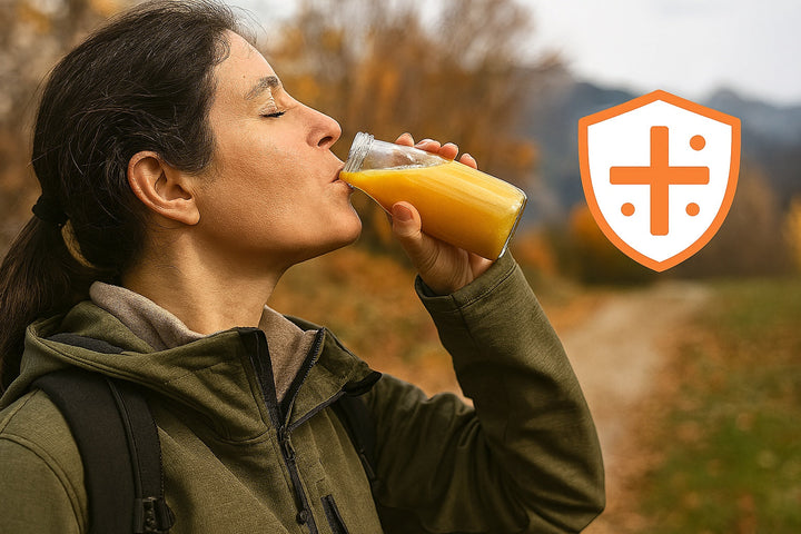 Eine Frau trinkt aus einer Flasche Saft. Im Hintergrund eine herbstliche Outdoorscene