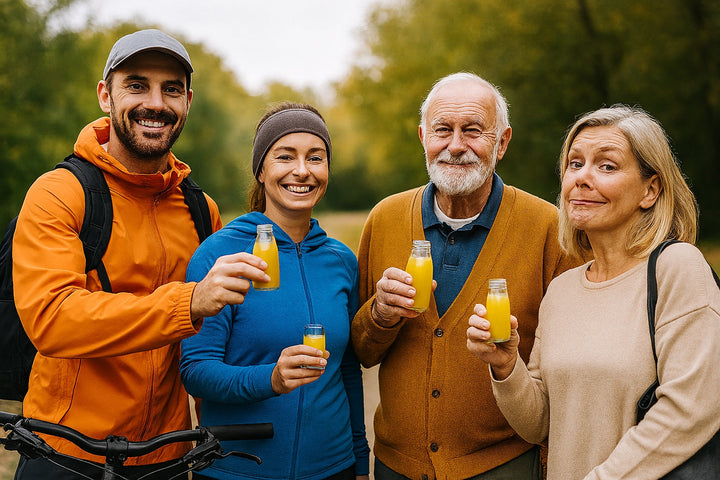 Vier Menschen stehen in einer Gruppe zusammen und halten eine kleine Flasche Ingwersaft in der Hand