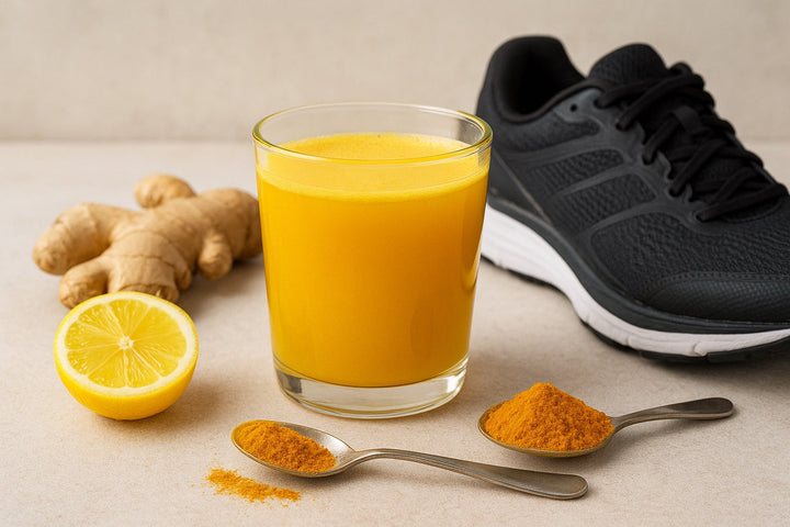 Ein Glas Ingwer-Kurkuma Saft, eine Ingwerknolle, Kurkumapulver und im Hintergrund ein Laufschuh