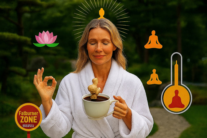 Eine Frau, mit geschlossenen Augen und in einem weißen Bademantel, hält eine Tasse Kaffee in der Hand. Darin steht senkrecht eine große Ingwerknolle.