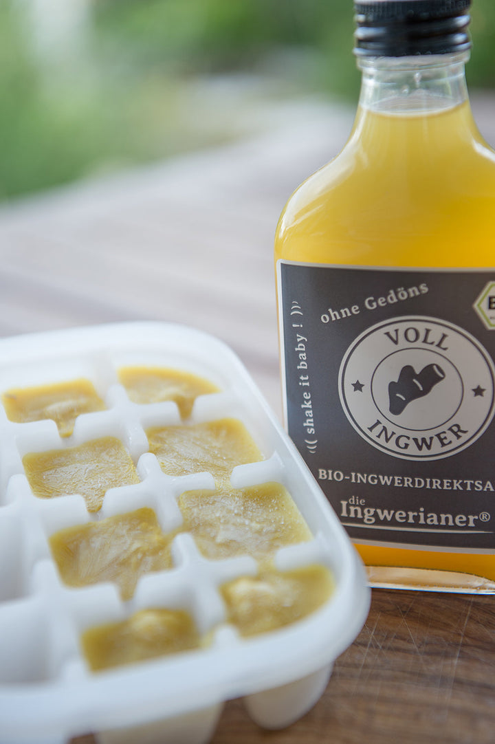 Auf dem Tisch steht eine Flasche Bio Ingwersaft Ingwerianer®. Davor steht ein Eiswürfelbehälter mit gefrorenen Ingwersaft-Eiswürfeln