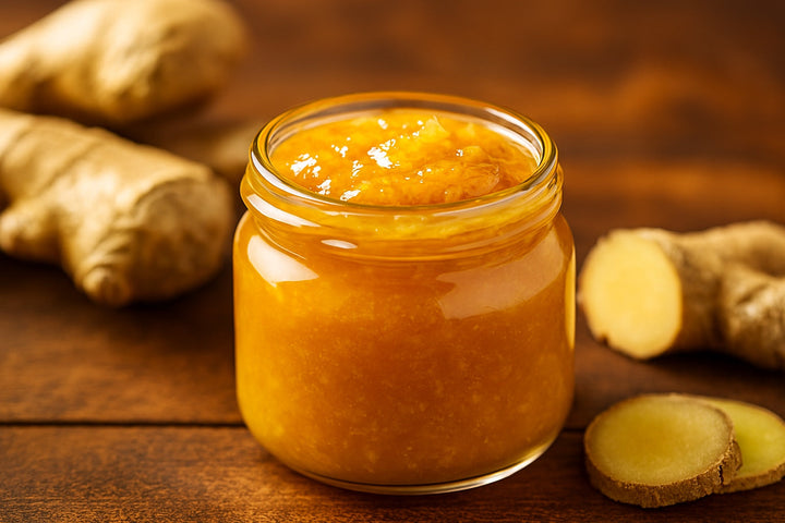 Ein Glas mit Ingwersauce steht auf dem Tisch. Daneben liegen Ingwerknollen.