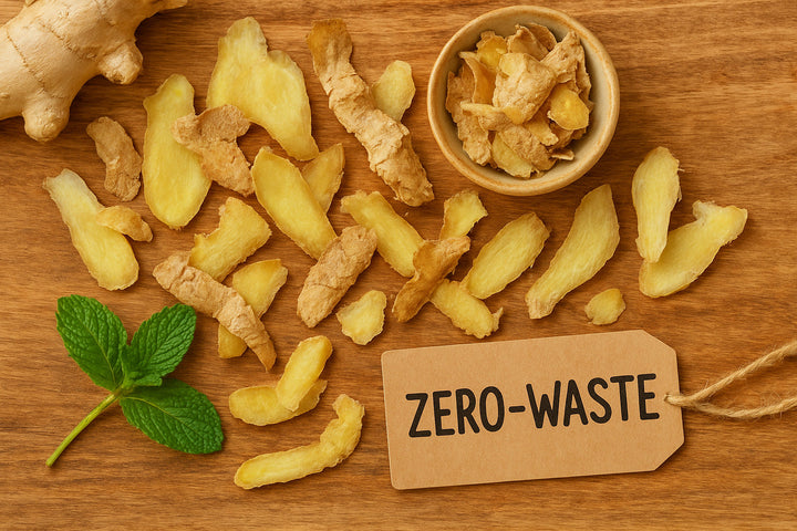 Eine Ingwerknolle, darunter Ingwerschalen und ein Schild mit dem Text: Zero-Waste