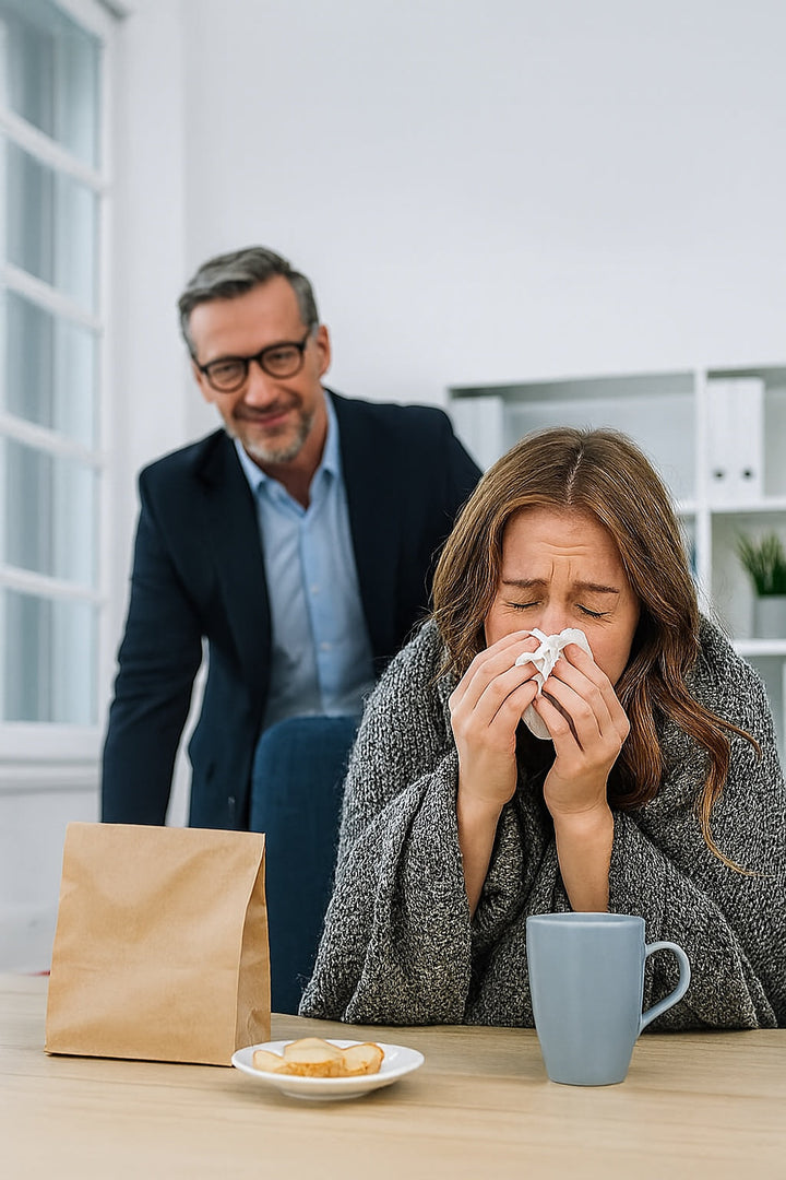 Im Hintergrund steht ein Mann (Chef) wohl hinter seiner sitzenden und offensichtlich erkälteten Mitarbeiterin, vor der eine Tasse Tee und Zwieback auf dem Tisch steht.