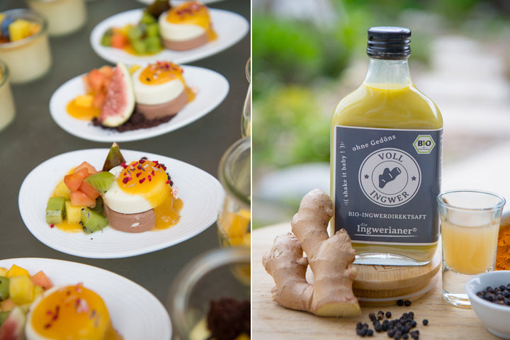Zwei Bilder. Links ist ein fettes Essen zu sehen. Auf dem rechten Bild sieht man eine Ingwerknolle, eine Flasche Bio Ingwersaft und ein Schnapsglas mit Ingwersaft